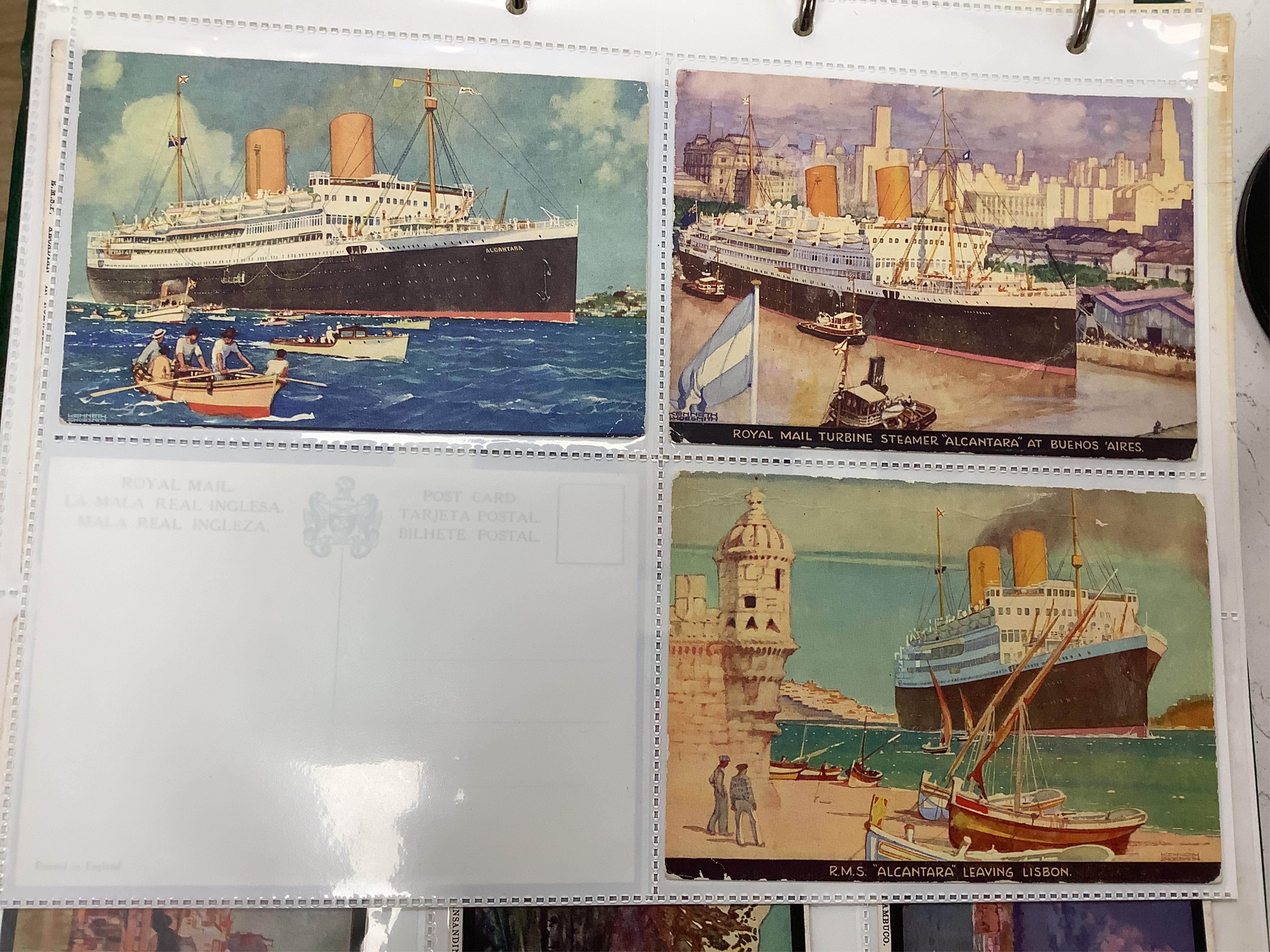 A box and two folders of postcards and a few cigarette cards, mainly relating to the Royal Mail Steam Packet Company and Royal Mail Lines Ltd., including a good quantity of 1930s and later postcards of cruise ships, many